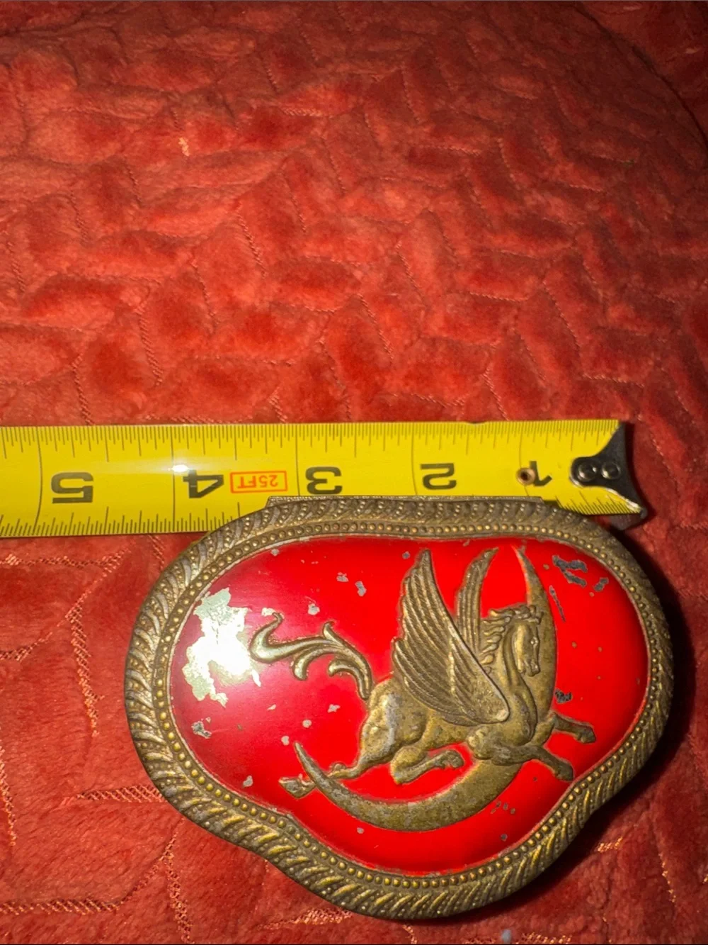Vintage Ornate Brass & Enamel Pegasus Trinket Box Red Velvet Lined Footed Casket